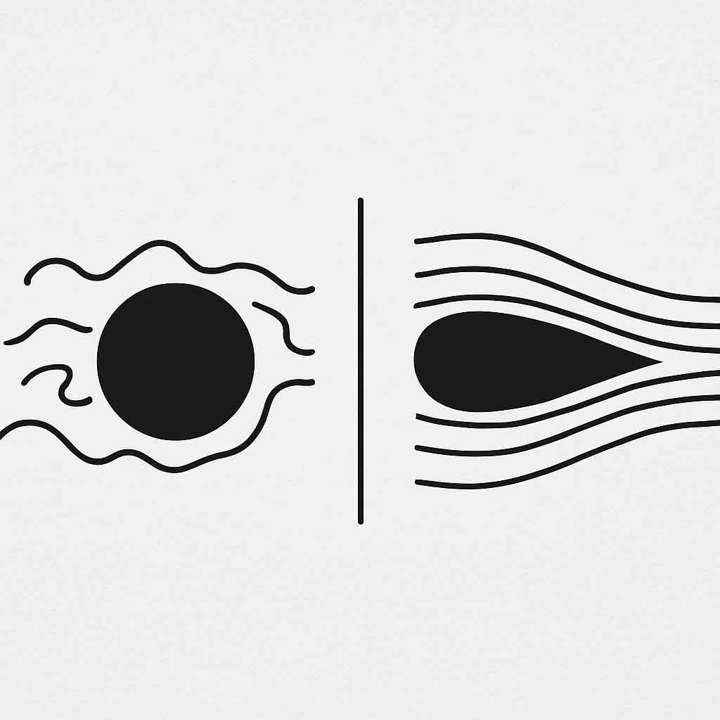 A simple side-by-side graphic showing a round tube with messy air-flow lines behind it, next to a teardrop-shaped 