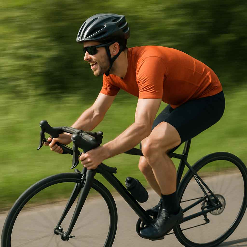 Cyclist enjoying a fast ride on a lightweight bike
