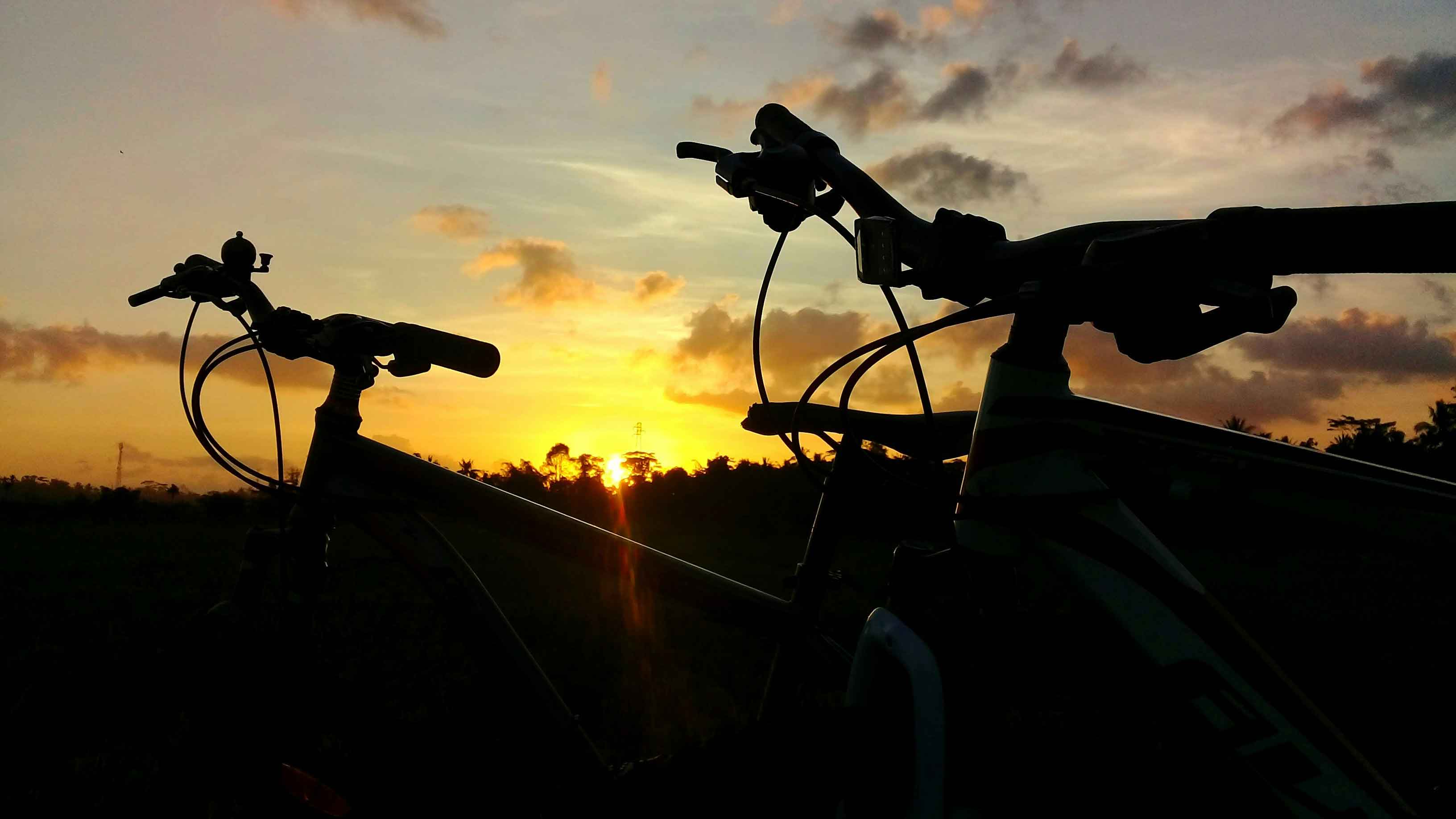 Steel bike frame during a sunset ride