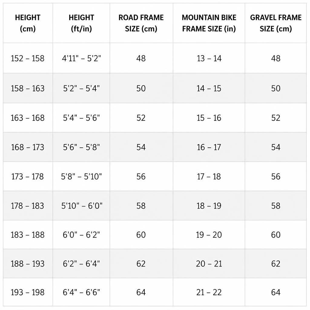 Bike frame size chart for road, mountain and gravel bikes
