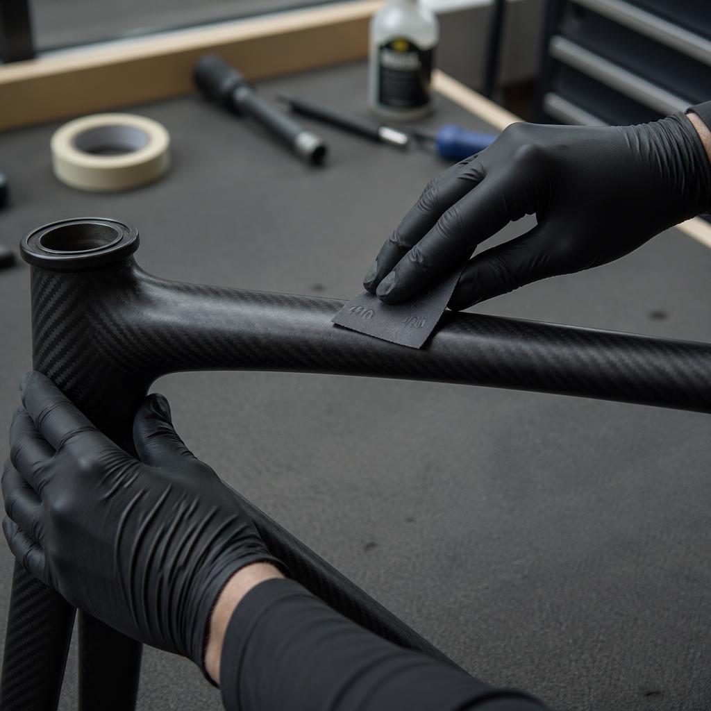 Sanding carbon frame before painting