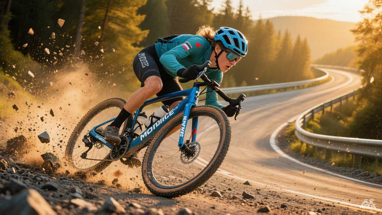 FM336 descending fast on loose gravel with rider leaning into a turn