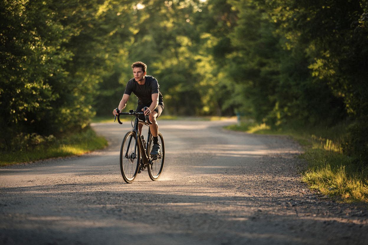 FM316 carbon gravel bike on mixed pavement and gravel road, highlighting versatility for both road and off-road