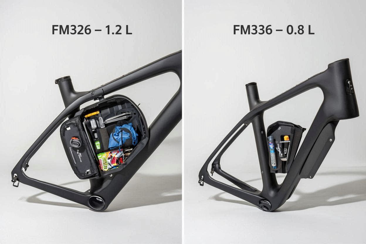 Comparison of internal storage capacity: FM326 1.2L vs FM336 0.8L &ndash; FM326 holds more tools and gear