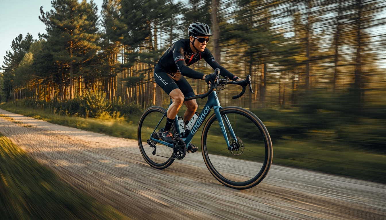 Cyclist standing next to custom blue FM336 gravel bike on forest road after a successful ride, smiling