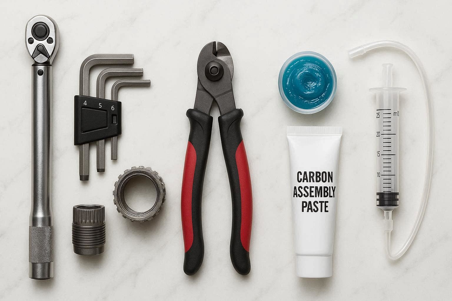 Tools required for FM336 assembly: torque wrench, T47 tool, Allen keys, cable cutters, grease, carbon paste