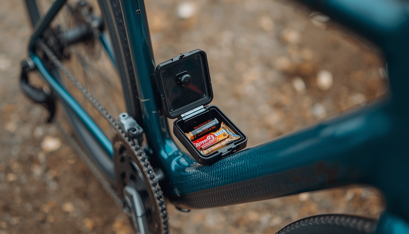 Open downtube storage hatch on FM336 gravel frame revealing multi-tool, CO2 inflator, tire levers, and granola bar