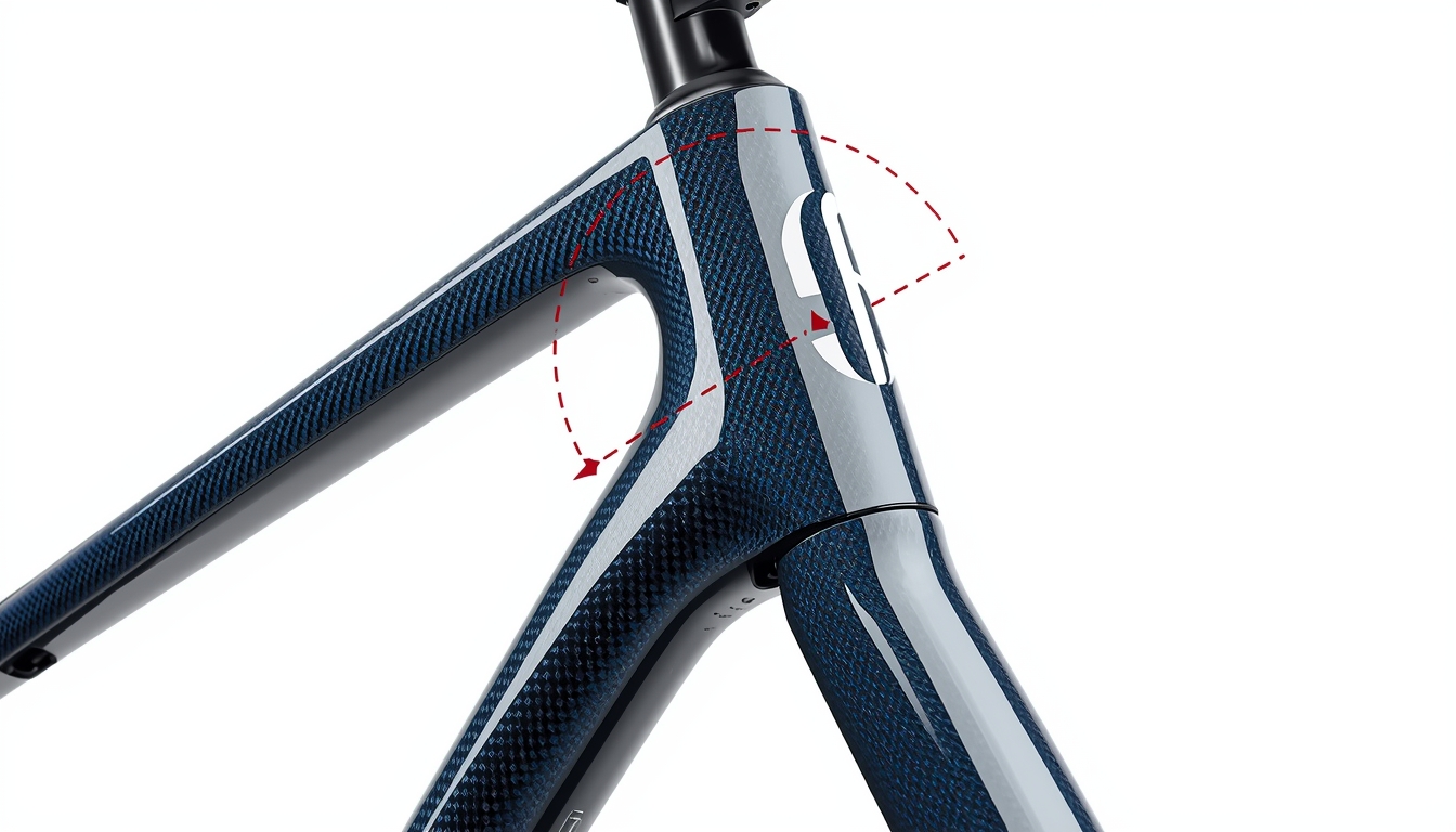 Carbon gravel frame front triangle with red dashed line illustrating head tube angle, FM336, close-up product shot