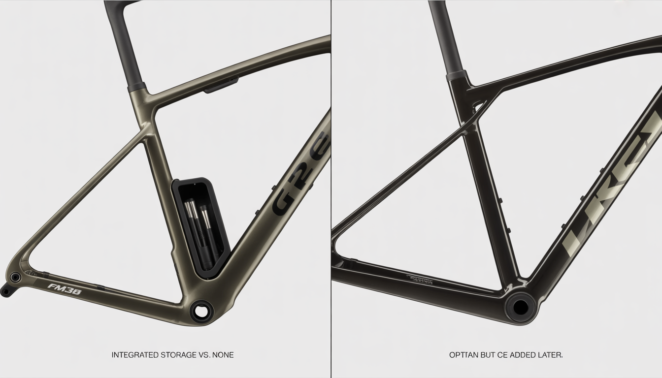 FM336 downtube storage hatch open showing tools inside
