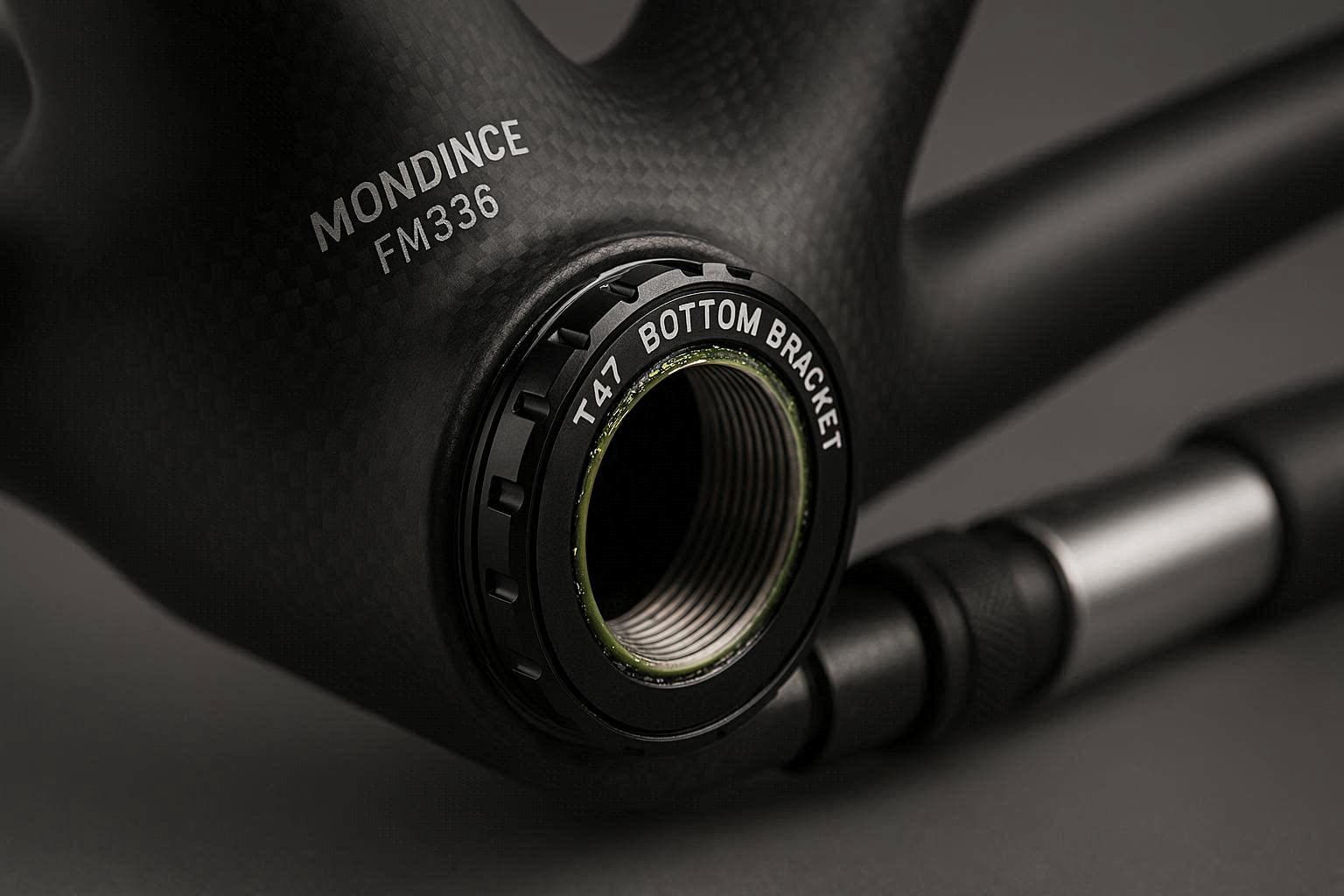 Close-up macro shot of T47 threaded bottom bracket shell on a carbon gravel frame, black matte carbon weave
