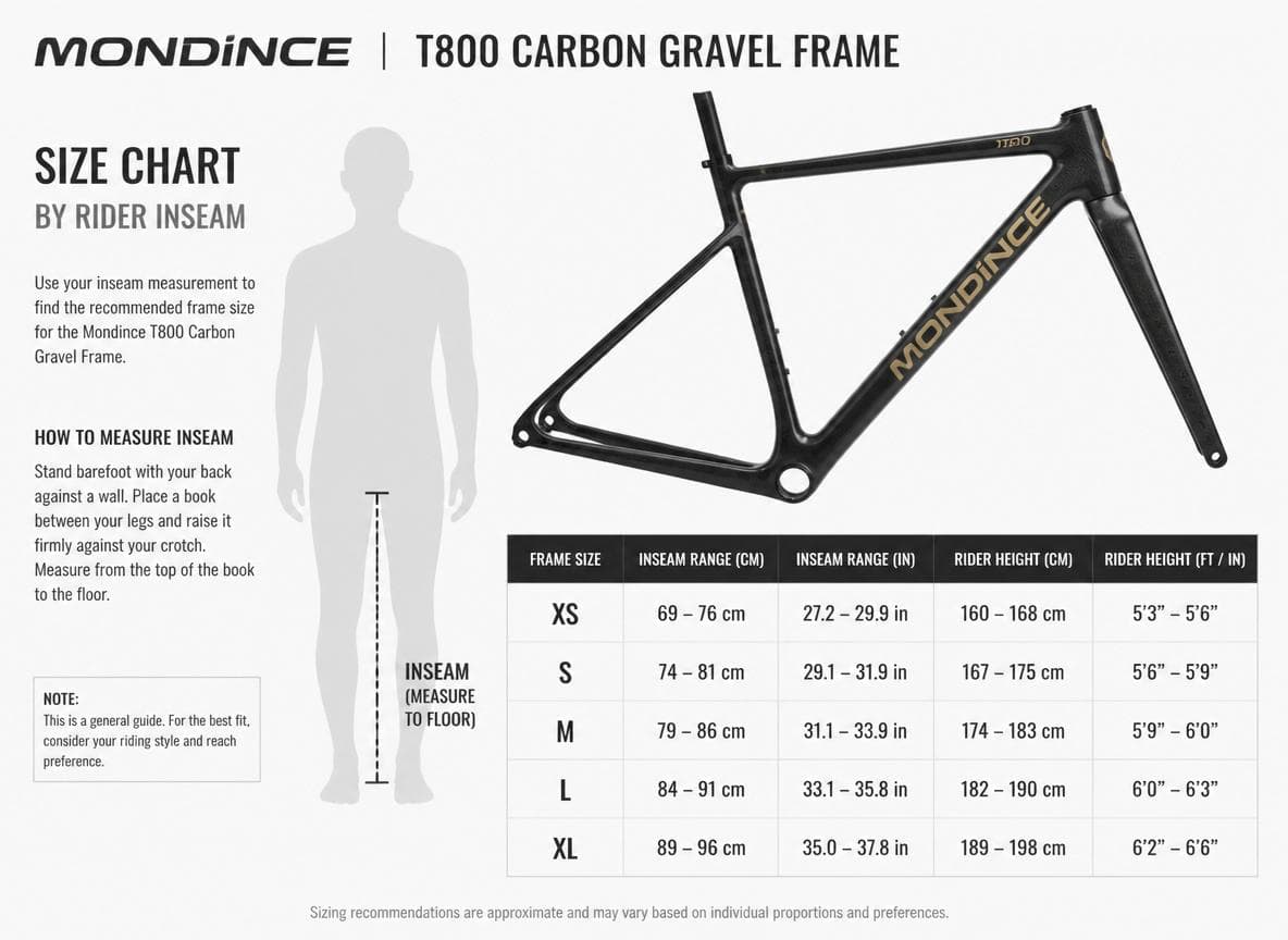 Mondince T800 carbon gravel frame size chart by rider inseam