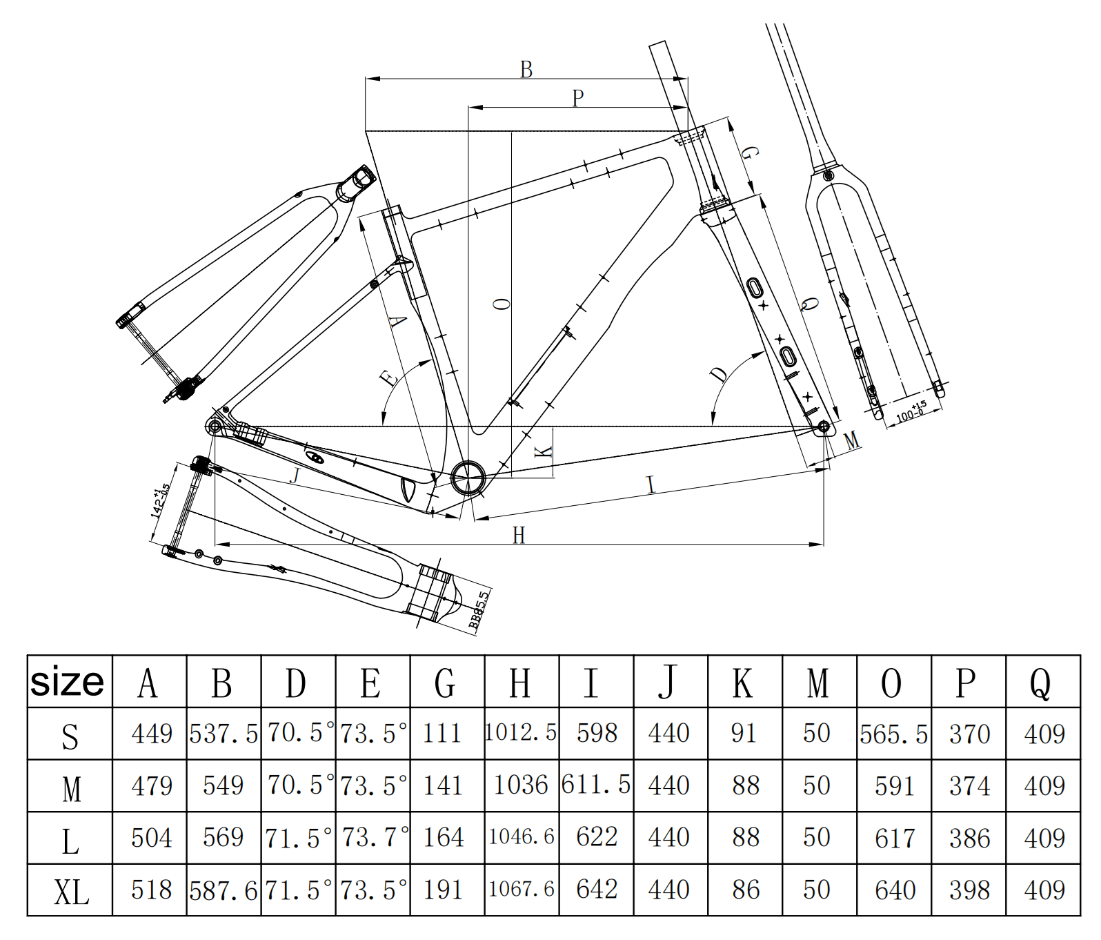 FM356 61mm bikepacking carbon gravel frame geometry chart