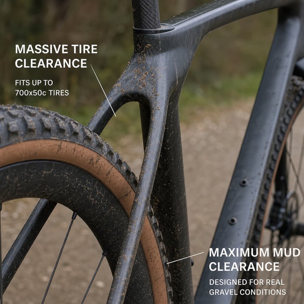 Close up showing massive tire clearance and mud clearance on a carbon gravel bike frame