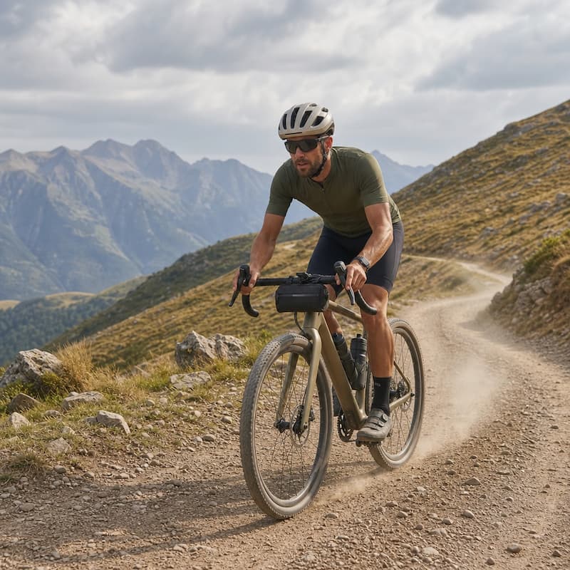 Cyclist riding a modern gravel bike on a dusty mountain trail