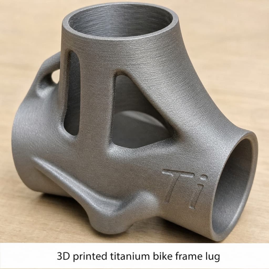 Close up of a 3D printed titanium bike frame lug
