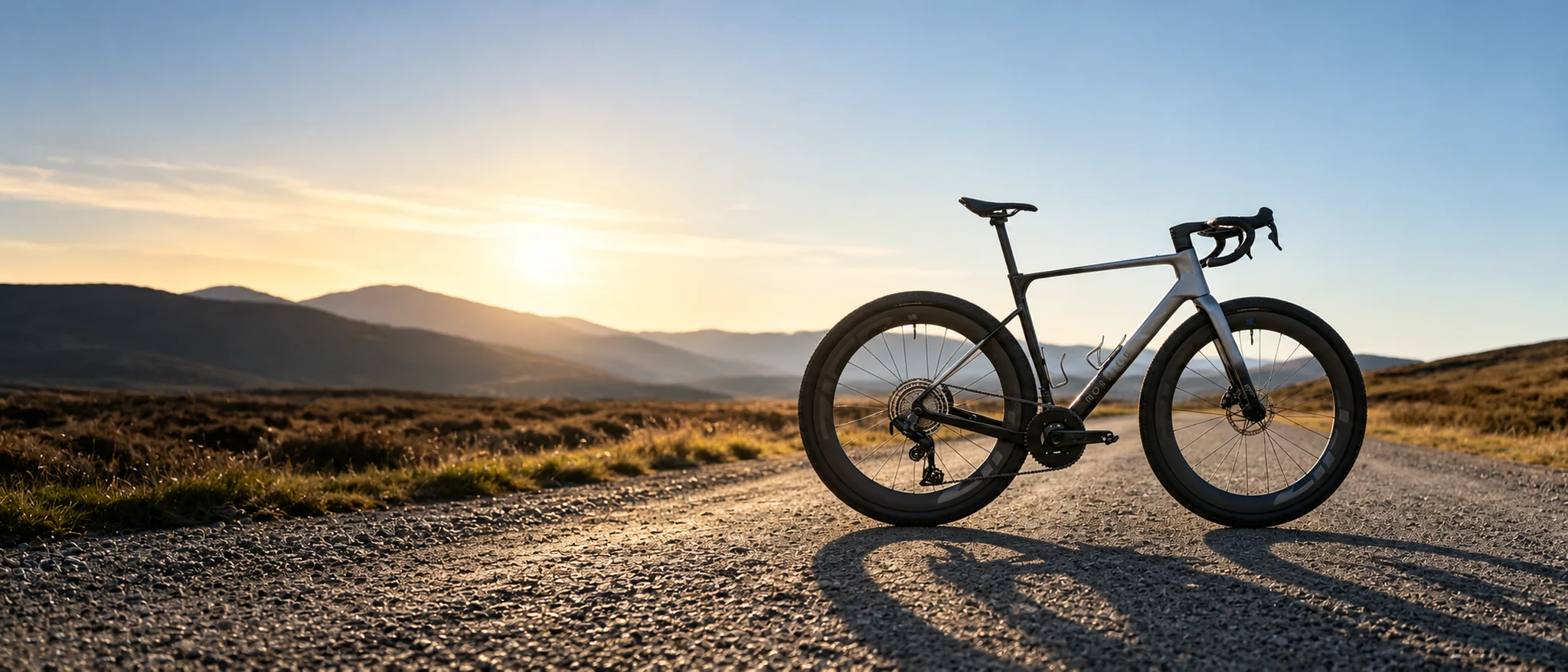 Mondince FM376 carbon gravel racing bike on an open gravel road at sunset