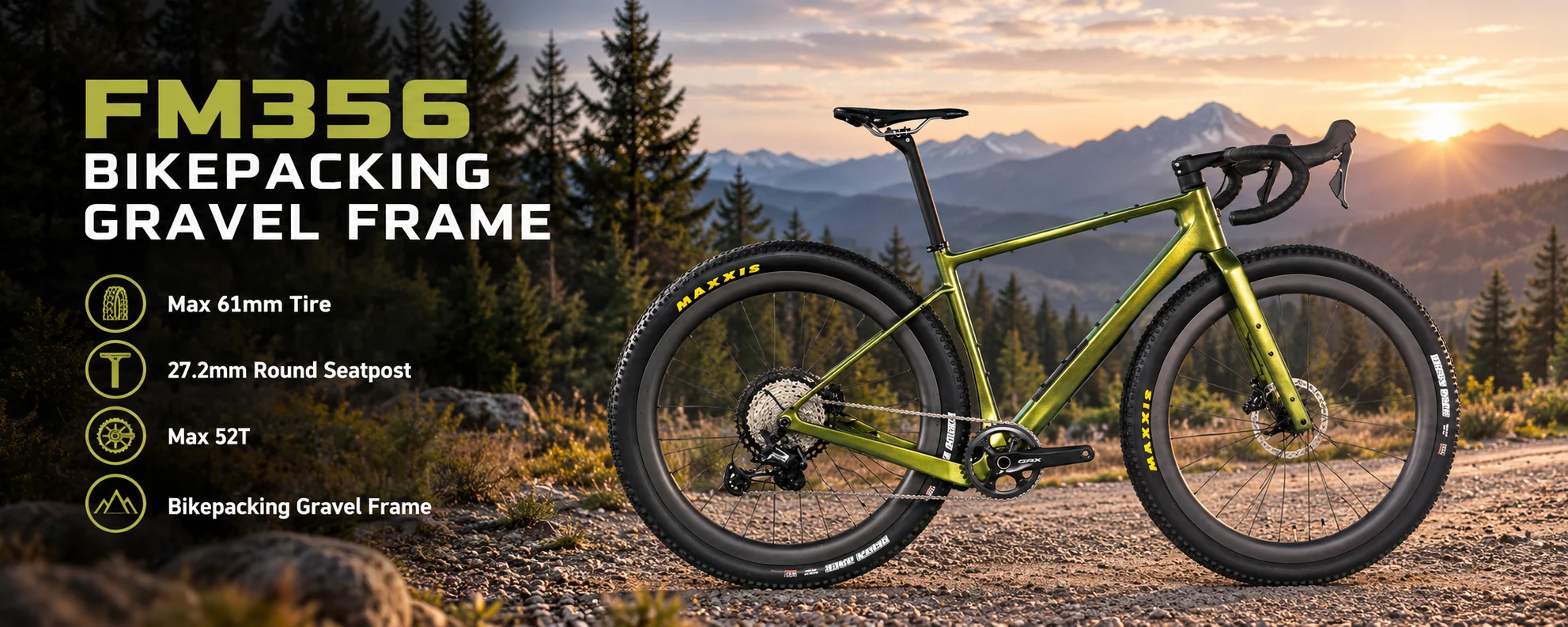 FM356 bikepacking gravel frame with up to 61 mm tire clearance, 27.2 mm round seatpost and support for a 52T chainring