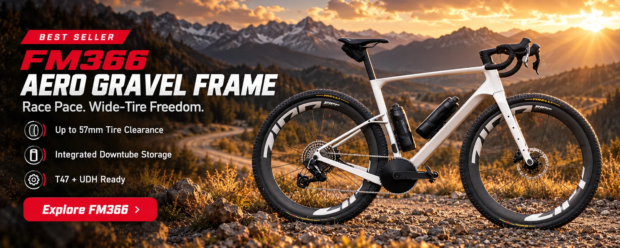 FM366 Best Seller carbon gravel bike frame with up to 57 mm tire clearance, integrated downtube storage and T47 plus UDH compatibility