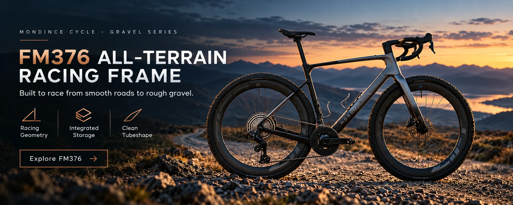 FM376 all-terrain racing gravel bike on a highland gravel course at sunset