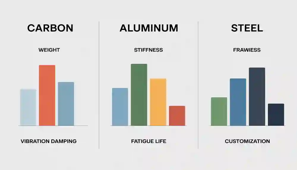 Comparison chart of carbon, aluminum, and steel bike frames: weight, vibration damping, stiffness, fatigue life, and customization levels