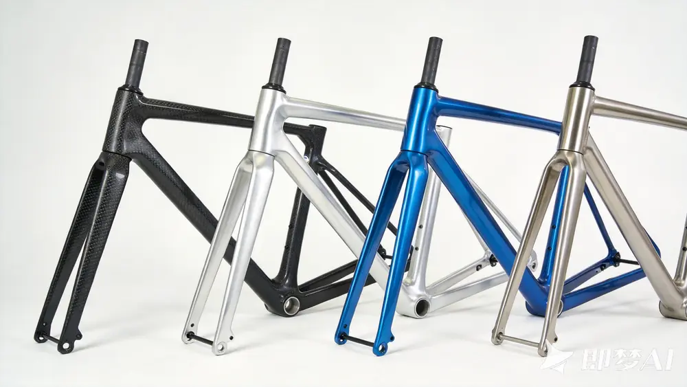 Four different road bike frames: carbon, aluminum, steel, titanium